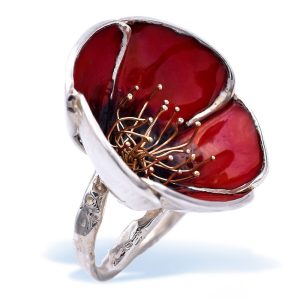 Big Red Poppy Flower Ring made of Sterling Silver and detailed gold plated stamens adjustable band