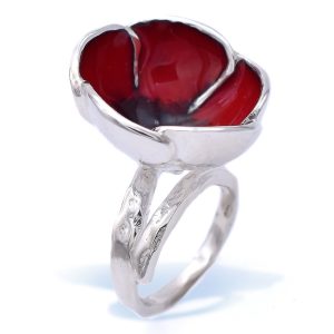 Sterling Silver Adjustable Red Poppy Flower Ring