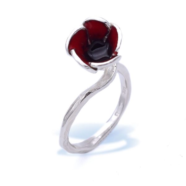 Dainty Red Poppy Flower Ring Made Out of Silver And Enamel