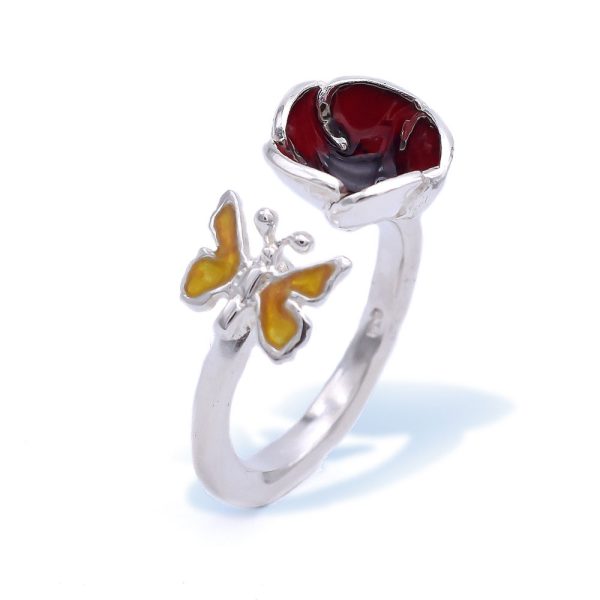 Red Poppy Flower-Butterfly Ring Made Out of Sterling Silver and Red and YellowEnamel