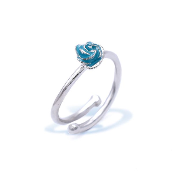 Sterling Silver Rose Ring With Turquoise Petals Made of Enamel