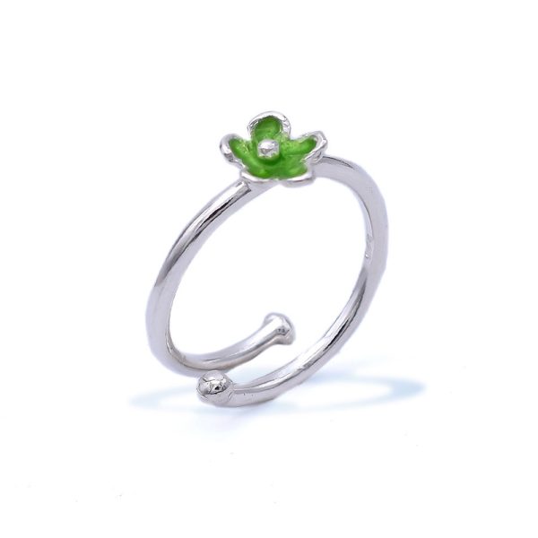 Adjustable Sterling Silver Primrose Ring with Green Enamel Petals