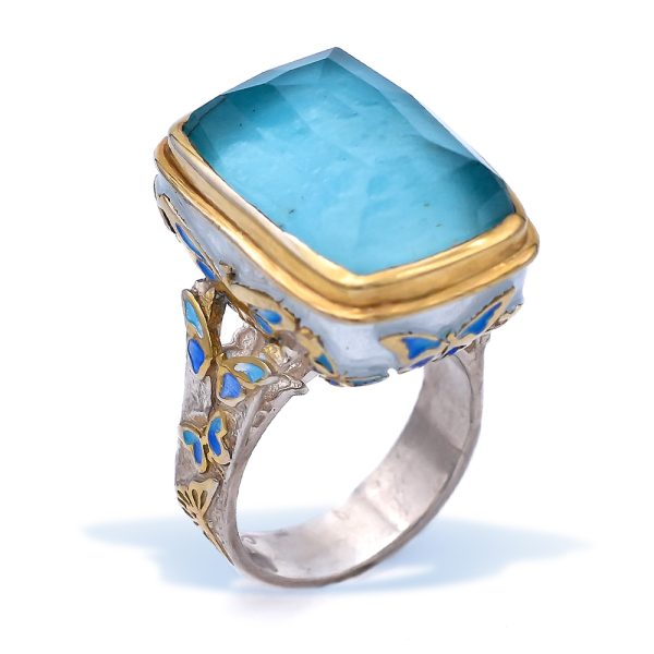 Bold Silver Turquoise Butterfly Ring Gold Plated with Enamel and Doublet Turquoise Gemstone Quartz