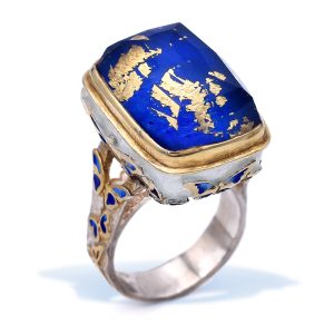 Sterling Silver Statement Lapis Lazuli Butterfly Cocktail Ring Gold Plated with Enamel, 24K Gold Leaf and Double Gemstone Lapis Lazuli with Quartz