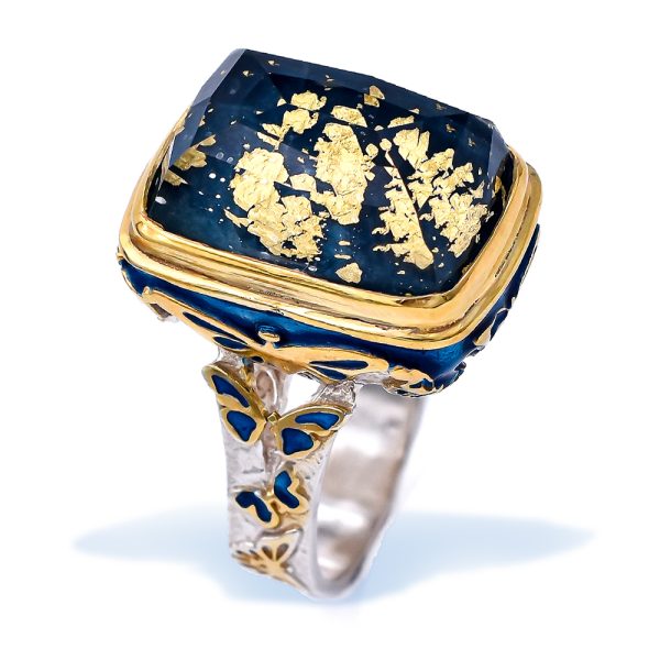 Silver Statement Blue Apatite Butterfly Ring Gold Plated with enamel, 24K Gold Leaf