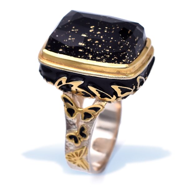 Sterling Silver Black Agate Spiritual Butterfly Ring Gold Plated with Enamel, 24K Gold Leaf and Doublet Black Agate Gemstone with Quartz