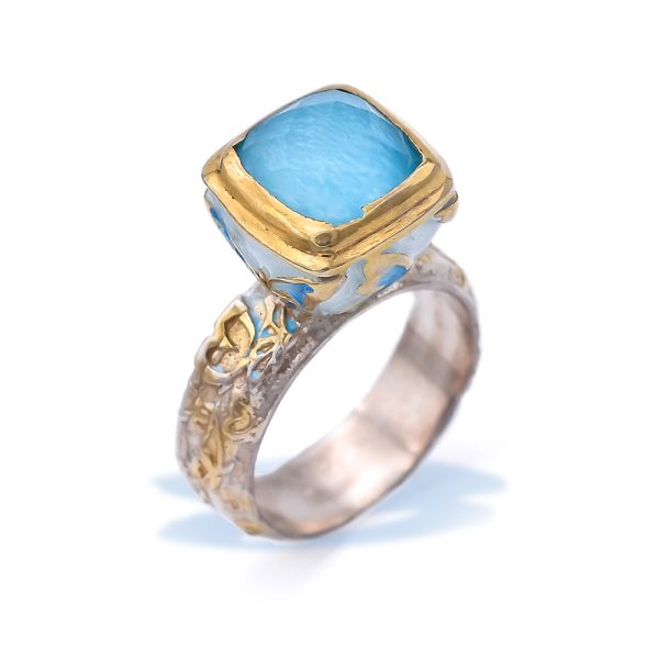 Sterling Silver Dainty Turquoise Butterfly Ring Gold Plated with Enamel Doublet Turquoise with Quartz