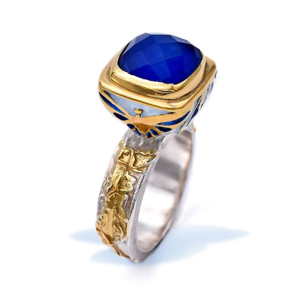 Sterling Silver Ring Butterfly Gold Plated with Enamel, 24K Gold Leaf and Doublet Lapiz Lazuli Gemstone Quartz