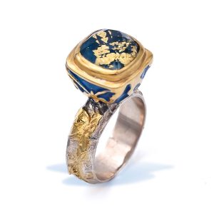 Blue Apatite Engagement Butterfly Ring, Gold Plated with Enamel, 24K Gold Leaf and Doublet Apatite Gemstone Quartz