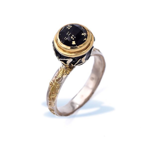 solitaire silver with Black Agate,Gold Plated with Butterflies, black Enamel