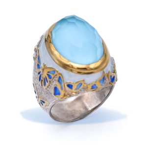 Sterling Silver Butterfly Turquoise Ring for Calmness, Gold Plated with Enamel and Doublet Turquoise Gemstone with Quartz