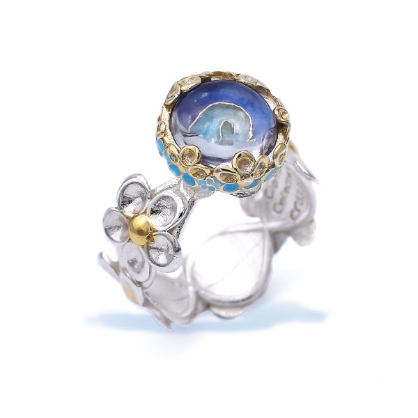 Silver Quartz Ring, With Spiral Design shape Gold Wire and blue enamel