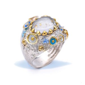 Sterling Silver Blooming Ring Gold Plated with Enamel, 24K Golden Leaves and Doublet Quartz Gemstone