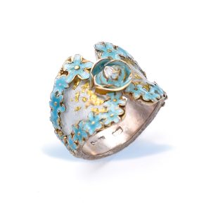 Silver Rose bud Ring with light Blue Enamel and 24K Golden Leaves