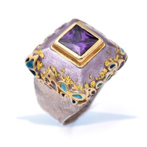 Sterling Silver Purple Amethyst Anxiety Ring, Gold Plated, with Butterflies, Enamel, and 24K Golden Leaves
