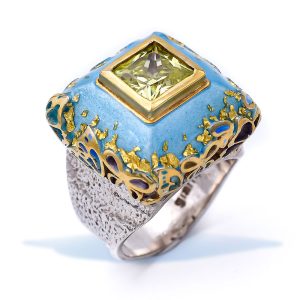 Sterling Silver Square Gemstone Statement Butterfly Ring with Gold Plated Details,Enamel and Peridot Stone