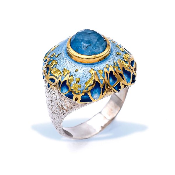 Silver Butterfly Ring, Gold Plated with Enamel, 24K Gold Leaf and Doublet Apatite with Quartz Gemstone