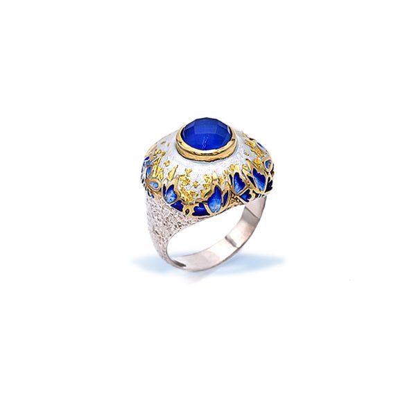 Silver Lapis Lazuli Statement Butterfly Ring with Indigo Enamel