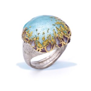 Bold Silver Cocktail Ring with Butterflies Light Blue Enamel and24K Gold Leaves