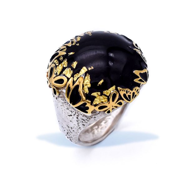 Bold Silver Butterfly Cocktail Ring with Black Enamel and 24K Gold Leaves