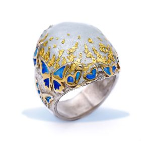 Bold Silver Butterfly Ring Gold Plated with Enamel and 24K Gold Leaves