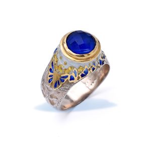 Statement Lapis Lazuli Silver Butterfly Ring, Gold Plated with Enamel and Quartz