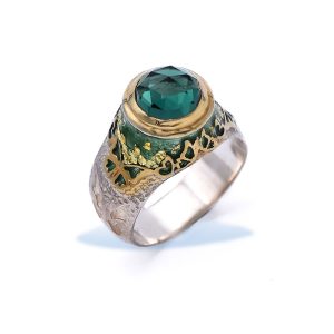 Sterling Silver Green Tourmaline Inspirational Ring, Gold Plated with Enamel Butterflies and Quartz
