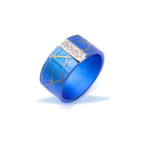 Anodized Titanium Ring For Women Textured Wide Round With Silver Bar With A Row Of 4 Zircons