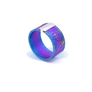 Iridescent Purple Anodized Titanium Ring, Textured with Sterling Silver Detail