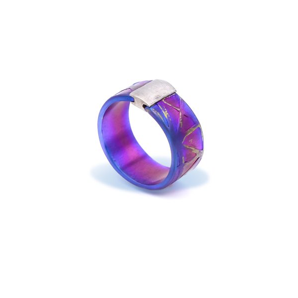 Iridescent Anodized Titanium Ring, Textured Medium Width with Sterling Silver Detail