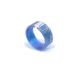 Textured Anodized Flat Titanium Band Ring, Medium Width in a Round Shape with Sterling Silver Detail