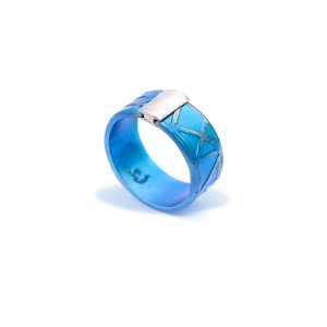 Textured Turquoise Turquoise Anodized Titanium Ring, Medium Width in a Round Shape with Sterling Silver Detail