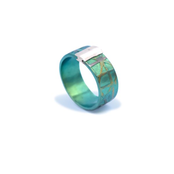Textured Anodized Titanium Ring for Women, in a Medium Width Round Shape With a Sterling Silver Detail