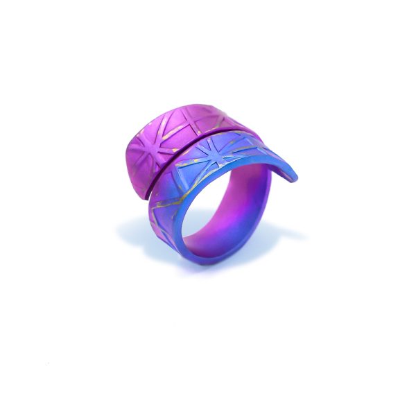 Anodized Funky Colorful Titanium Ring For Women, Textured In A Medium Width Cuff Round Shape