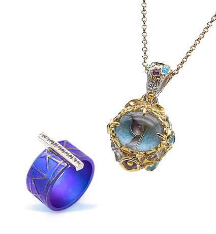 purple titanium ring with a silver line with pave zirgon and a pendant from blooming collection with a cloisonne butterfly in the center